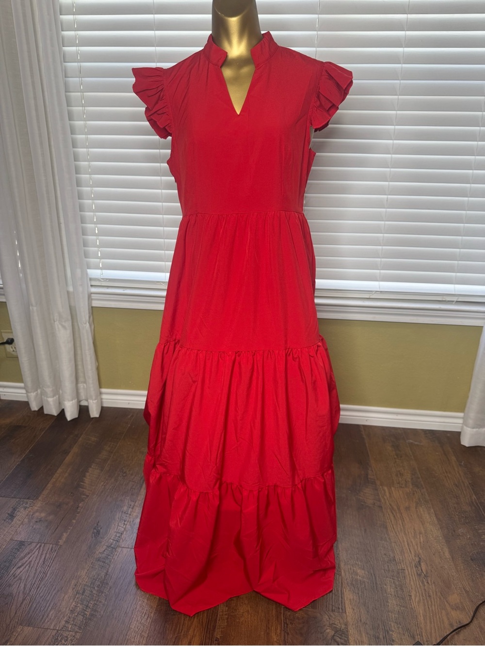 SHEIN Bright Red Tiered Maxi Dress with Ruffle Cap Sleeves